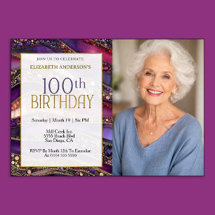 Invitation Photo de 100e anniversaire Strata Bijou Or Violet