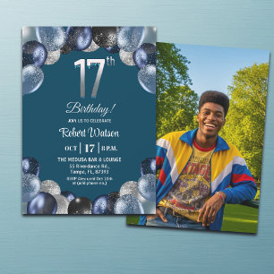 Invitation Photo de 17e anniversaire bleu argenté élégant