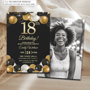 Invitation Photo de 18e anniversaire élégant noir et or paill