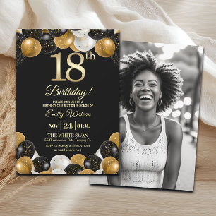 Invitation Photo de 18e anniversaire élégant noir et or paill