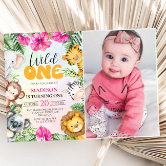Invitation Photo de 1er anniversaire de fille Safari Wild One