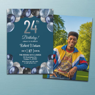 Invitation Photo de 24e anniversaire élégant bleu argenté pai