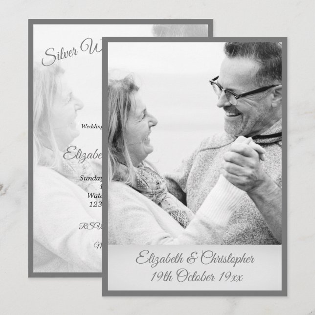 Invitation Photo de 25e anniversaire de mariage Argent Noir B (Devant / Derrière)