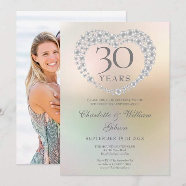 Invitation Photo de 30e anniversaire de mariage Pearl Heart (Devant / Derrière)