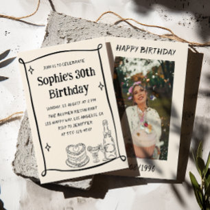 Invitation Photo de 30e anniversaire noir et crème dessiné à