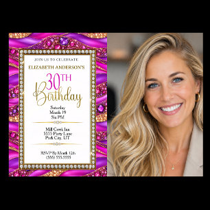 Invitation Photo de 30e anniversaire Strata or rose Glam bijo