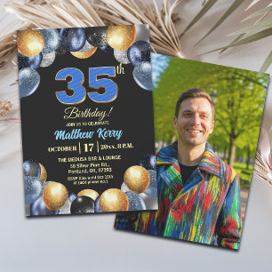 Invitation Photo de 35e anniversaire bleu argent or élégant