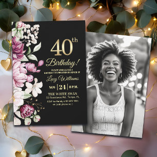 Invitation Photo de 40 ans d'anniversaire floral élégant or