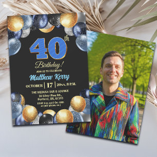 Invitation Photo de 40e anniversaire Bleu Argent Or Élégant