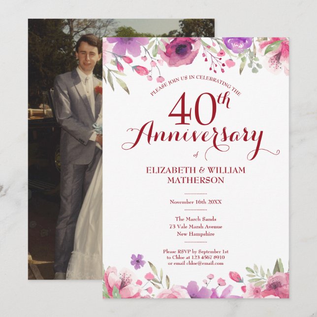 Invitation Photo de 40e anniversaire de mariage à aquarelle d (Devant / Derrière)