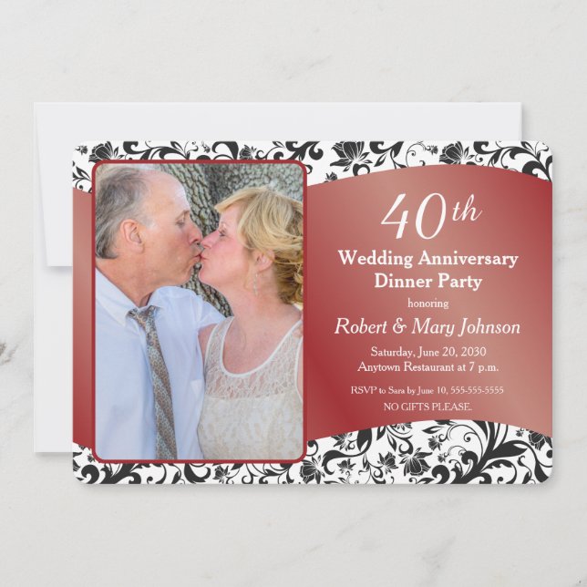 Invitation Photo de 40e anniversaire de mariage Black Swirl & (Devant)