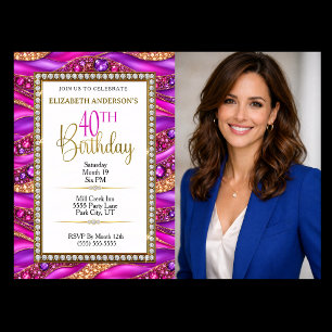 Invitation Photo de 40e anniversaire Glam Pink Gold Strata bi