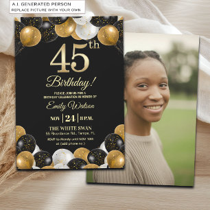 Invitation Photo de 45e anniversaire élégant noir or paillett