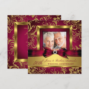 Invitation Photo de 50 ans de mariage en or et prune bordeaux