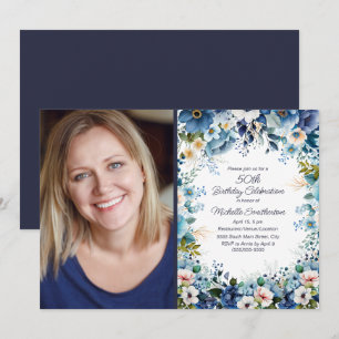 Invitation Photo de 50e anniversaire avec fleurs bleues pouss