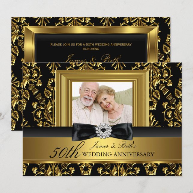 Invitation Photo de 50e anniversaire de mariage à damas or et (Devant / Derrière)