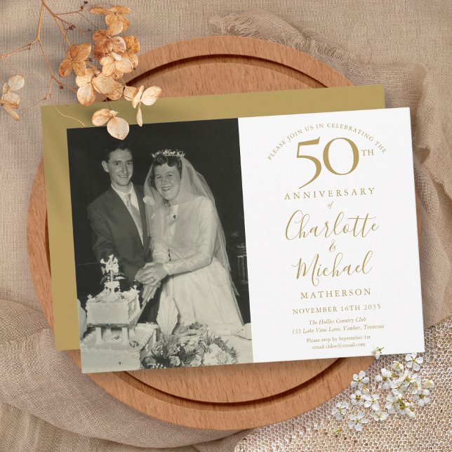 Invitation Photo de 50e anniversaire de mariage à signature d (Golden Signature 50th Wedding Anniversary Photo Invitation)
