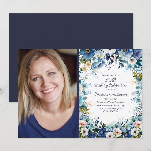 Invitation Photo de 50e anniversaire Navy Dusty Blue White Fl (Devant / Derrière)