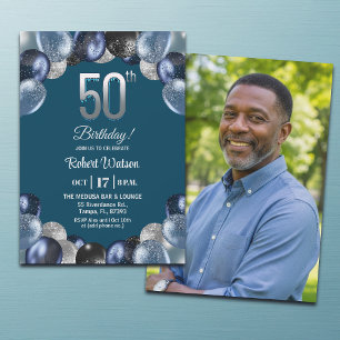 Invitation Photo de 50e anniversaire pailleté bleu élégant ar