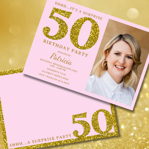 Invitation Photo de 50e anniversaire surprise rose gold paill