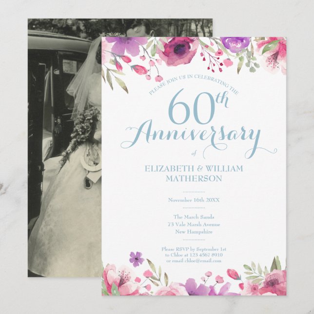 Invitation Photo de 60e anniversaire de mariage avec roses aq (Devant / Derrière)