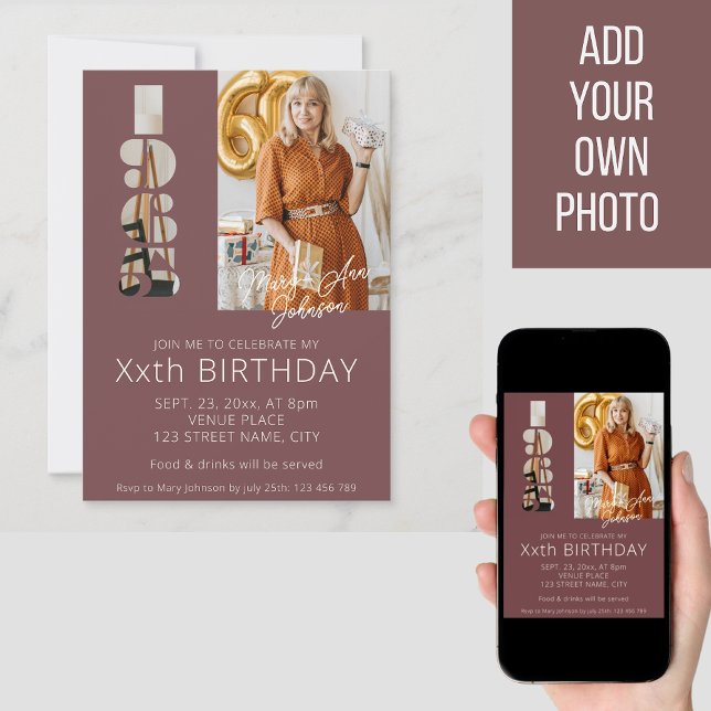 Invitation photo de 60e anniversaire née en 1965 rouge bordea (Créateur téléchargé)