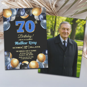 Invitation Photo de 70e anniversaire Bleu Argent Or Élégant