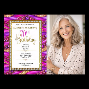 Invitation Photo de 70e anniversaire Glam Pink Gold Strata