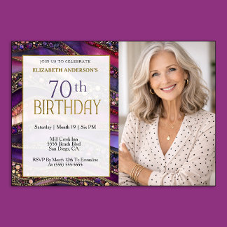 Invitation Photo de 70e anniversaire Strata or et violet