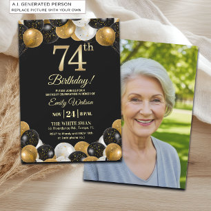 Invitation Photo de 74e anniversaire avec paillettes noires e