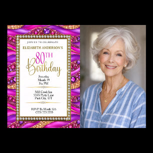 Invitation Photo de 80e anniversaire Glam Pink Gold Strata