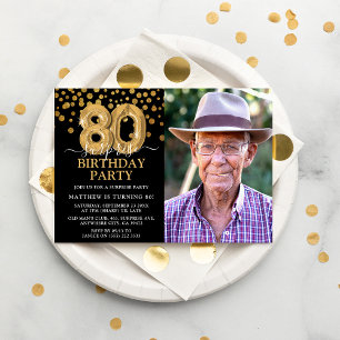 Invitation Photo de 80e anniversaire surprise moderne noir et