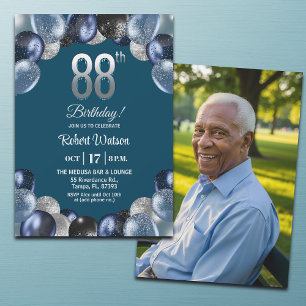 Invitation Photo de 88e anniversaire bleu argenté élégant