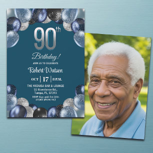 Invitation Photo de 90e anniversaire bleu élégant argenté pai