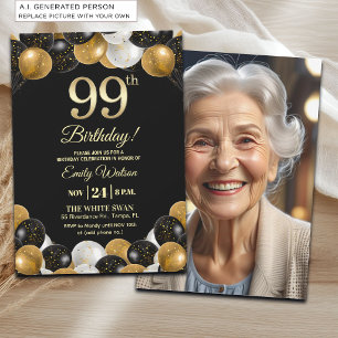 Invitation Photo de 99e anniversaire élégant noir or paillett