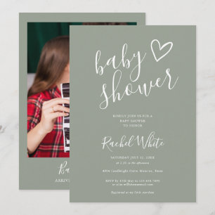 Invitation Photo de Baby Shower de genre neutre Vert Sauge