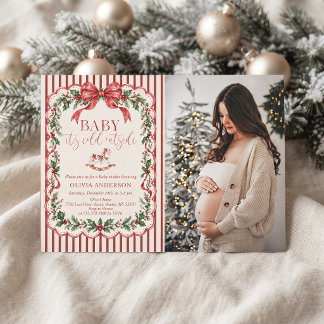 Invitation Photo de Baby Shower de Noël Red Stripe
