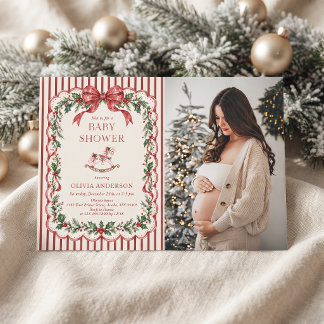 Invitation Photo de Baby Shower de Noël Red Stripe