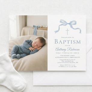 Invitation Photo de baptême avec un nœud bleu moderne