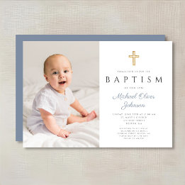 Invitation Photo de baptême moderne garçon croix bleu poussié
