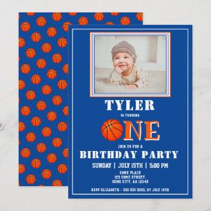 Invitation Photo de basketball bleu mignon pour 1er anniversa
