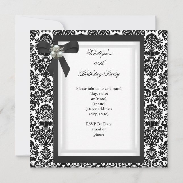 Invitation Photo de bijou de perle noir blanc Damask (Devant)