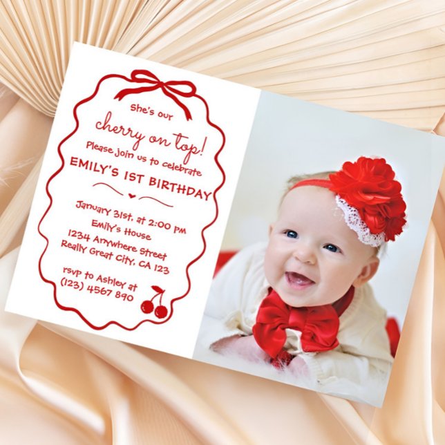 Invitation Photo de cerise fantaisiste dessinée à la main  (She's the Cherry on Top Hand Drawn Birthday Invitation She's our Cherry on Top, Hand Drawn Birthday )