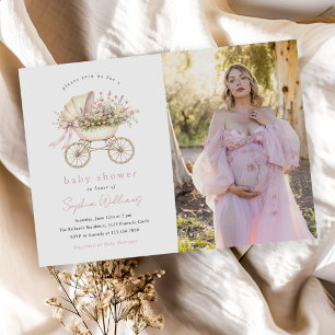 Invitation Photo de chariot de bébé floral pastel pour fille