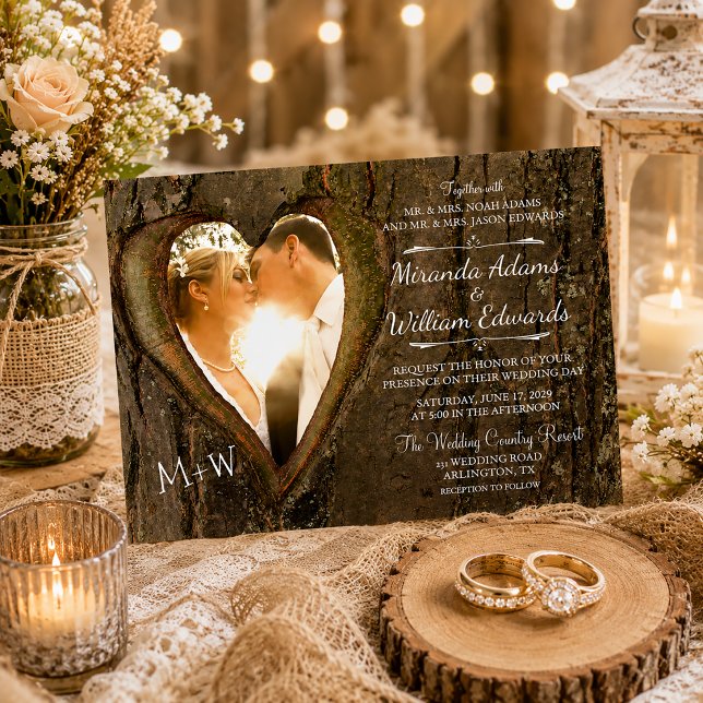 Invitation Photo de cœur d'arbre en bois rustique pour mariag (Créateur téléchargé)