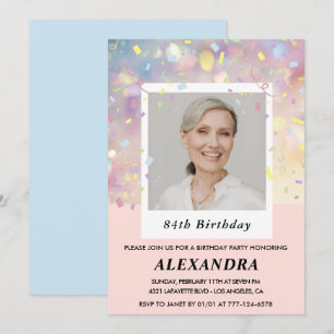 Invitation Photo de confettis roses 84e anniversaire