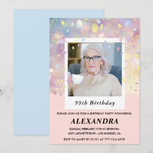 Invitation Photo de confettis roses 99e anniversaire