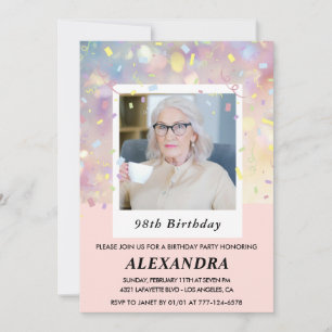 Invitation Photo de confettis roses modernes 98e anniversaire