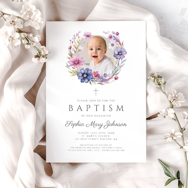 Invitation Photo de couronne Fleur sauvage moderne Baptême (Modern Wildflower Wreath Photo Baptism Invitation)