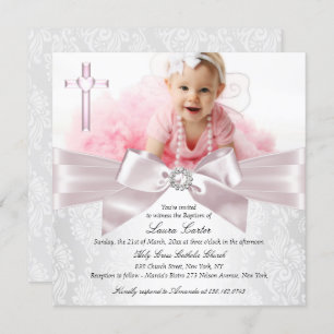 Invitation Photo de Croix de Bow rose Baptême/Christening